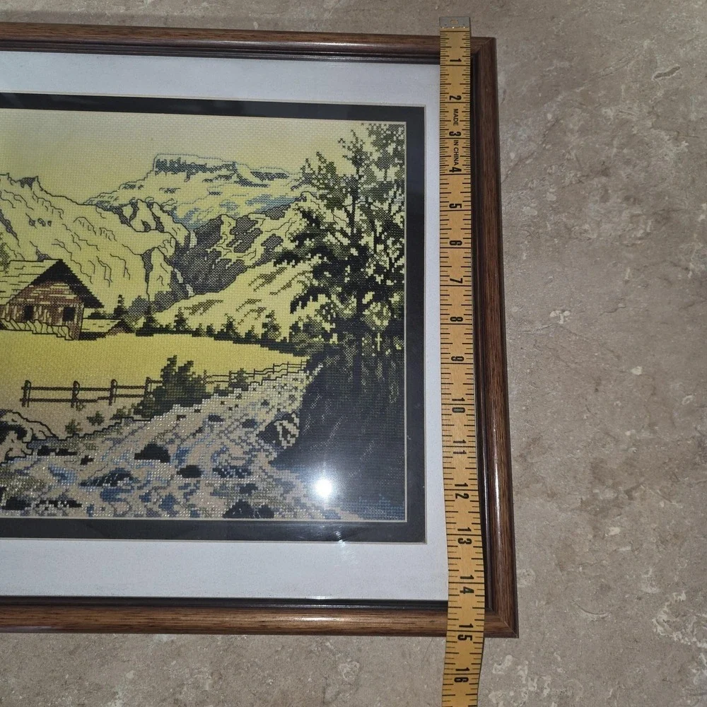 Vintage Handmade Mountain Cabin Landscape Cross Stitch Tapestry‎ Framed 14x16